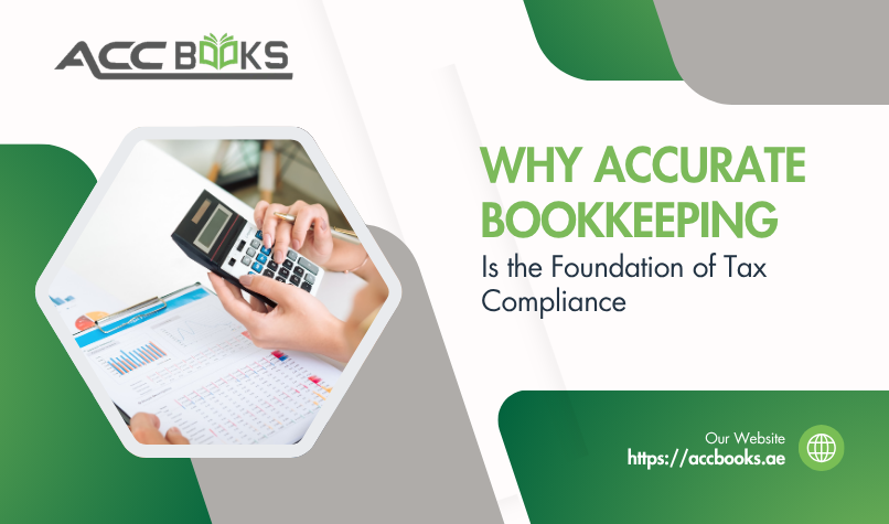 Why Accurate Bookkeeping Is the Foundation of Tax Compliance A sturdy wooden foundation block labeled "Tax Compliance" being carefully placed onto a strong base of neatly organized financial documents, including ledgers, receipts, and bank statements. A calculator and magnifying glass sit beside the documents, while a glowing checkmark icon hovers above the structure, symbolizing that Accurate Bookkeeping forms the essential groundwork for stress-free tax filing and regulatory adherence in the UAE.