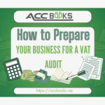 A confident business professional seated at a modern desk, reviewing a stack of organized financial documents, tax invoices, and receipts neatly arranged in labeled folders. In the background, a large digital wall screen displays a VAT compliance checklist and a green "Verified" badge, symbolizing audit readiness. A magnifying glass rests beside the documents, representing the scrutiny of a VAT Audit, while the professional's calm demeanor reflects thorough preparation and peace of mind.