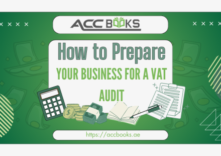 A confident business professional seated at a modern desk, reviewing a stack of organized financial documents, tax invoices, and receipts neatly arranged in labeled folders. In the background, a large digital wall screen displays a VAT compliance checklist and a green "Verified" badge, symbolizing audit readiness. A magnifying glass rests beside the documents, representing the scrutiny of a VAT Audit, while the professional's calm demeanor reflects thorough preparation and peace of mind.