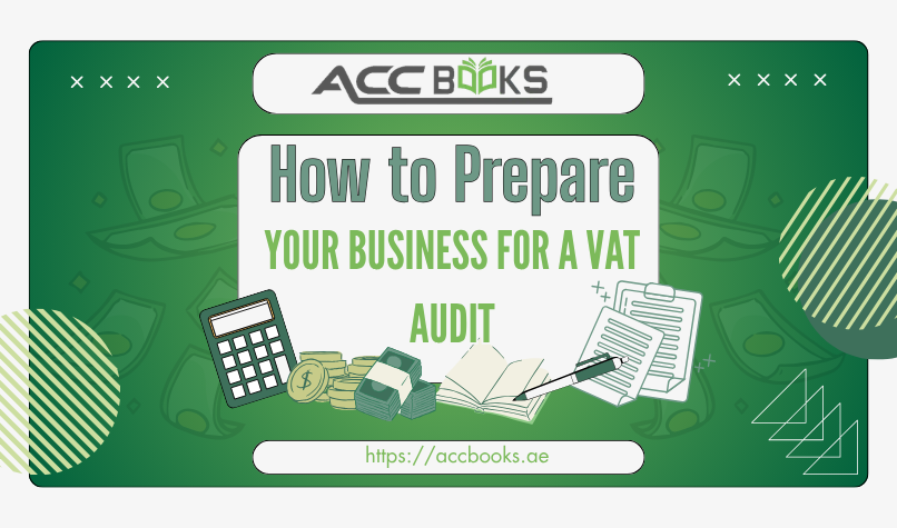 How to Prepare Your Business for a VAT Audit A confident business professional seated at a modern desk, reviewing a stack of organized financial documents, tax invoices, and receipts neatly arranged in labeled folders. In the background, a large digital wall screen displays a VAT compliance checklist and a green "Verified" badge, symbolizing audit readiness. A magnifying glass rests beside the documents, representing the scrutiny of a VAT Audit, while the professional's calm demeanor reflects thorough preparation and peace of mind.