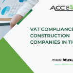 Construction project manager reviewing VAT invoices and tax documents on-site in Dubai, emphasizing VAT Compliance for contractors and subcontractors