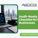 UAE business executive reviewing an Audit-Ready Checklist on a digital tablet with organized financial documents and folders in a modern office