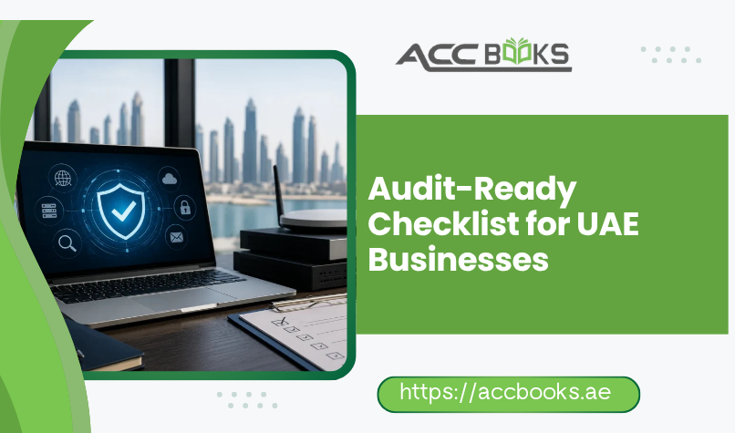 Audit-Ready Checklist for UAE Businesses UAE business executive reviewing an Audit-Ready Checklist on a digital tablet with organized financial documents and folders in a modern office