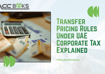 A detailed infographic-style illustration showing two interconnected corporate office buildings representing related parties, with glowing arrows and financial data streams flowing between them. A magnifying glass hovers over the transaction pathways, symbolizing scrutiny and compliance. A UAE flag and a gavel are positioned in the foreground, reinforcing the legal framework governing Transfer Pricing Rules under the new Corporate Tax regime. A checklist on the side displays key terms like "Arm's Length Principle" and "Master File," emphasizing the documentation requirements.