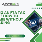 Calm UAE finance professional organizing tax documents and digital records for an FTA Tax Audit, with Federal Tax Authority logo and checklist icons