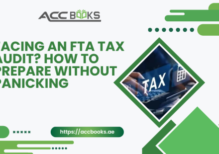 Calm UAE finance professional organizing tax documents and digital records for an FTA Tax Audit, with Federal Tax Authority logo and checklist icons