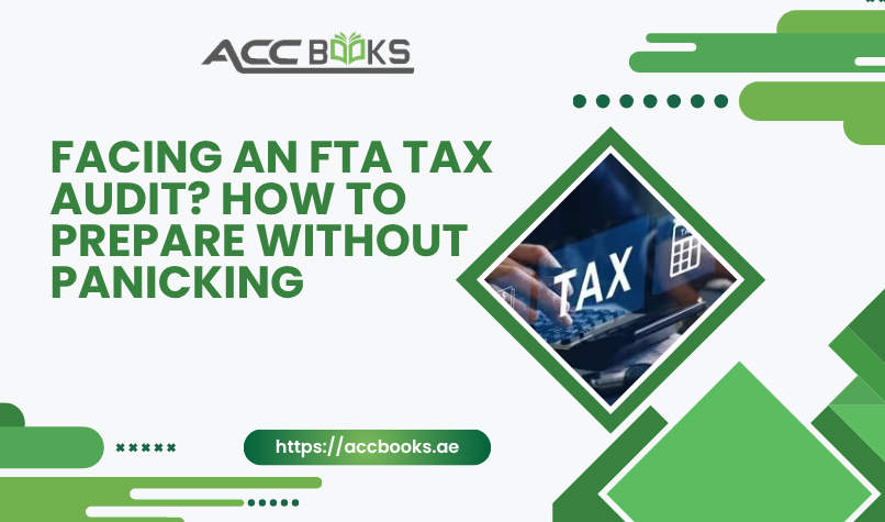 Calm UAE finance professional organizing tax documents and digital records for an FTA Tax Audit, with Federal Tax Authority logo and checklist icons