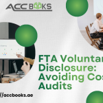 UAE finance professional submitting a Voluntary Disclosure form to the FTA with audit prevention icons and protective shields