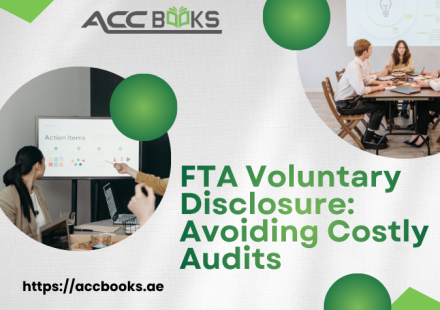 UAE finance professional submitting a Voluntary Disclosure form to the FTA with audit prevention icons and protective shields