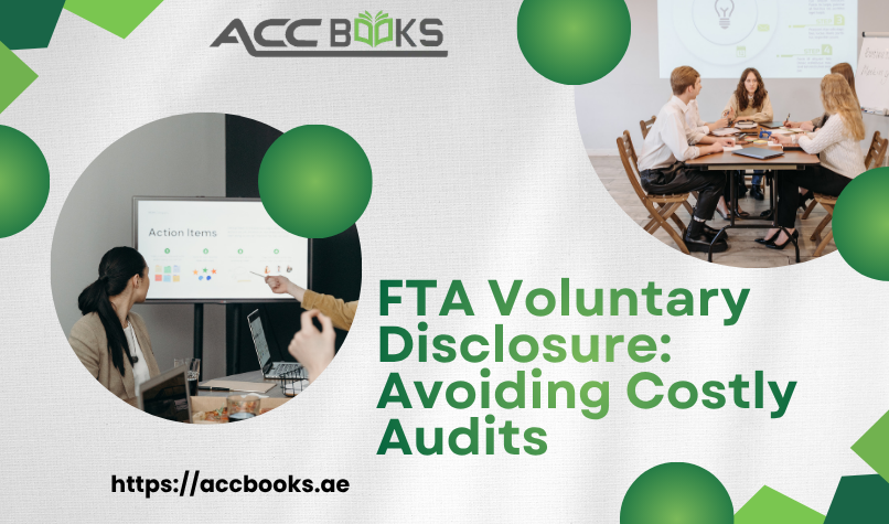 FTA Voluntary Disclosure: Avoiding Costly Audits UAE finance professional submitting a Voluntary Disclosure form to the FTA with audit prevention icons and protective shields