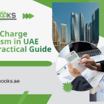 Business professional illustrating the Reverse Charge Mechanism in UAE VAT with supplier and buyer arrows shifting tax liability responsibility