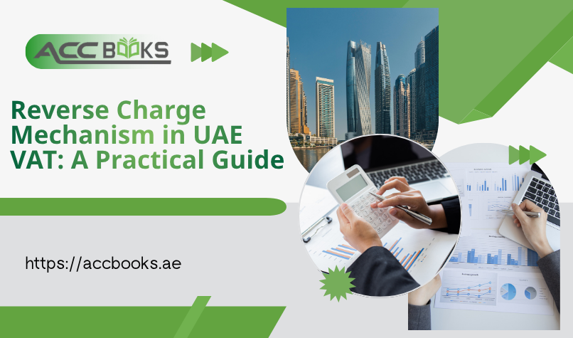 Business professional illustrating the Reverse Charge Mechanism in UAE VAT with supplier and buyer arrows shifting tax liability responsibility