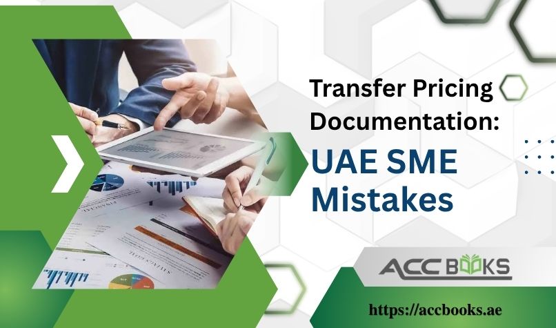 Transfer Pricing Documentation: UAE SME Mistakes UAE SME owner reviewing Transfer Pricing documentation with a puzzled expression, highlighting compliance errors and penalties