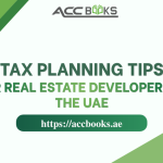A dynamic illustration featuring a construction crane towering over a modern residential and commercial development project in a Dubai-style skyline. In the foreground, a team of real estate professionals—including a developer, architect, and financial advisor—are gathered around a glass table reviewing blueprints, financial charts, and a calculator. A glowing lightbulb icon hovers above them, symbolizing strategic Tax Planning Tips to optimize their projects. Sticky notes on the table list key terms like "Capital Allowances," "Free Zone," and "Holding Period," reinforcing the tax-efficient strategies available to property developers under UAE law.