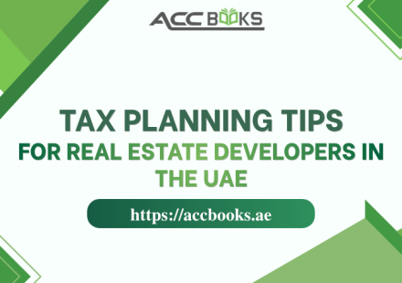 A dynamic illustration featuring a construction crane towering over a modern residential and commercial development project in a Dubai-style skyline. In the foreground, a team of real estate professionals—including a developer, architect, and financial advisor—are gathered around a glass table reviewing blueprints, financial charts, and a calculator. A glowing lightbulb icon hovers above them, symbolizing strategic Tax Planning Tips to optimize their projects. Sticky notes on the table list key terms like "Capital Allowances," "Free Zone," and "Holding Period," reinforcing the tax-efficient strategies available to property developers under UAE law.