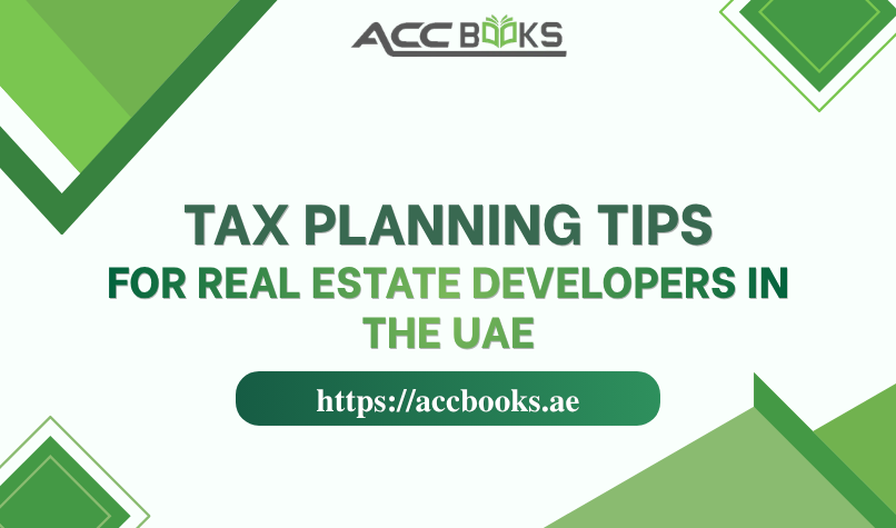 A dynamic illustration featuring a construction crane towering over a modern residential and commercial development project in a Dubai-style skyline. In the foreground, a team of real estate professionals—including a developer, architect, and financial advisor—are gathered around a glass table reviewing blueprints, financial charts, and a calculator. A glowing lightbulb icon hovers above them, symbolizing strategic Tax Planning Tips to optimize their projects. Sticky notes on the table list key terms like "Capital Allowances," "Free Zone," and "Holding Period," reinforcing the tax-efficient strategies available to property developers under UAE law.