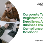 A large, wall-mounted compliance calendar showcasing the year 2026 with multiple red circular date markers and urgent reminder stickers. A UAE-based business owner in professional attire is using a marker to highlight a crucial deadline on the calendar, while a digital tablet beside them displays the FTA portal with a countdown timer showing "Days Remaining." A stack of official tax documents and a calculator sit on the desk, reinforcing the administrative preparation required for Corporate Tax Registration. The UAE flag is subtly placed in the corner to emphasize the local regulatory context.