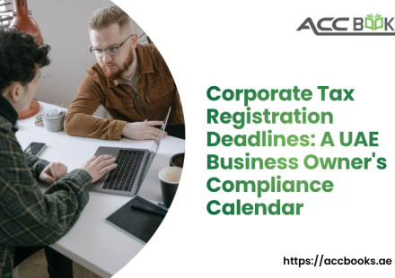 A large, wall-mounted compliance calendar showcasing the year 2026 with multiple red circular date markers and urgent reminder stickers. A UAE-based business owner in professional attire is using a marker to highlight a crucial deadline on the calendar, while a digital tablet beside them displays the FTA portal with a countdown timer showing "Days Remaining." A stack of official tax documents and a calculator sit on the desk, reinforcing the administrative preparation required for Corporate Tax Registration. The UAE flag is subtly placed in the corner to emphasize the local regulatory context.
