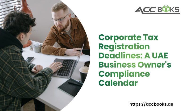 A large, wall-mounted compliance calendar showcasing the year 2026 with multiple red circular date markers and urgent reminder stickers. A UAE-based business owner in professional attire is using a marker to highlight a crucial deadline on the calendar, while a digital tablet beside them displays the FTA portal with a countdown timer showing "Days Remaining." A stack of official tax documents and a calculator sit on the desk, reinforcing the administrative preparation required for Corporate Tax Registration. The UAE flag is subtly placed in the corner to emphasize the local regulatory context.