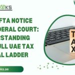 A vertical infographic-style illustration depicting a staircase or ladder with five distinct ascending steps, each labeled with a stage of the dispute resolution process. The bottom step shows an official FTA notice envelope, progressing upward through the FTA Reconsideration stage, the Tax Dispute Resolution Committee, and the Federal Court of First Instance, culminating at the top step with the Federal Supreme Court gavel. A business professional is shown climbing the steps with a document folder in hand, symbolizing the UAE Tax Appeal journey. The UAE flag and courthouse pillars are subtly integrated into the background, reinforcing the legal and regulatory framework.