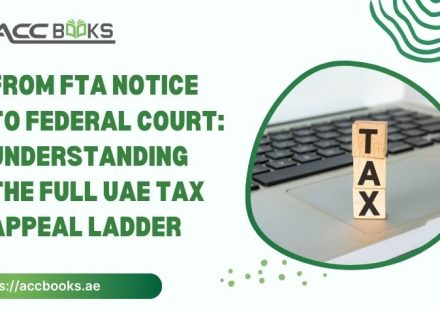 A vertical infographic-style illustration depicting a staircase or ladder with five distinct ascending steps, each labeled with a stage of the dispute resolution process. The bottom step shows an official FTA notice envelope, progressing upward through the FTA Reconsideration stage, the Tax Dispute Resolution Committee, and the Federal Court of First Instance, culminating at the top step with the Federal Supreme Court gavel. A business professional is shown climbing the steps with a document folder in hand, symbolizing the UAE Tax Appeal journey. The UAE flag and courthouse pillars are subtly integrated into the background, reinforcing the legal and regulatory framework.