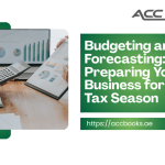 A professional finance team gathered around a large conference table, reviewing a comprehensive financial forecast and budget plan on a digital screen. The screen displays colorful charts, revenue projections, expense categories, and a prominent calendar marked with "Tax Filing Date" in red. A calculator, pen, and official UAE tax forms are spread across the table. The team leader points at a specific data point, emphasizing the importance of proactive planning ahead of Tax Season