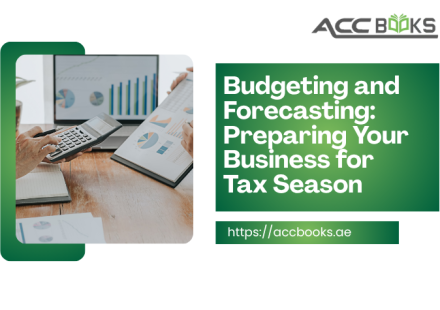 A professional finance team gathered around a large conference table, reviewing a comprehensive financial forecast and budget plan on a digital screen. The screen displays colorful charts, revenue projections, expense categories, and a prominent calendar marked with "Tax Filing Date" in red. A calculator, pen, and official UAE tax forms are spread across the table. The team leader points at a specific data point, emphasizing the importance of proactive planning ahead of Tax Season