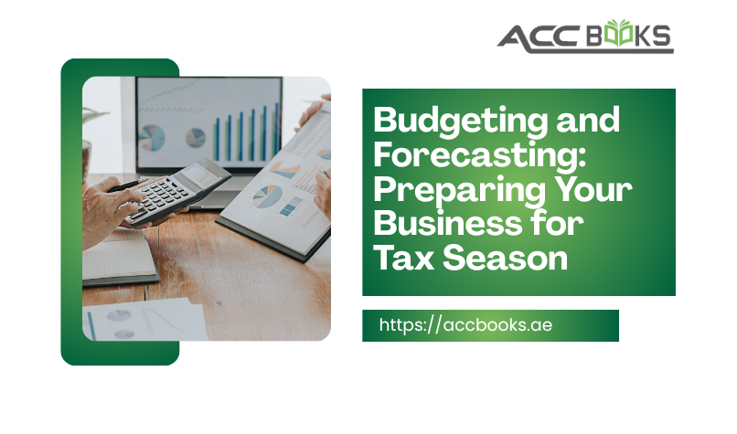A professional finance team gathered around a large conference table, reviewing a comprehensive financial forecast and budget plan on a digital screen. The screen displays colorful charts, revenue projections, expense categories, and a prominent calendar marked with "Tax Filing Date" in red. A calculator, pen, and official UAE tax forms are spread across the table. The team leader points at a specific data point, emphasizing the importance of proactive planning ahead of Tax Season