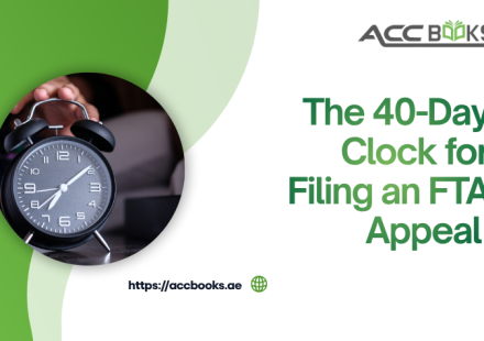 A high-contrast, urgent visual featuring a large glowing countdown timer set to 40 days, with each passing day visually ticking down. A stressed but determined business professional is urgently reviewing an official FTA rejection letter while simultaneously preparing a formal FTA Appeal document on a laptop. The background features a courthouse silhouette and the UAE flag, symbolizing the transition from administrative review to judicial recourse. A red warning banner at the top reads "40 Days — Strictly Enforced," emphasizing the non-negotiable deadline for filing an appeal with the Tax Dispute Resolution Committee or Federal Courts after an unsuccessful reconsideration.