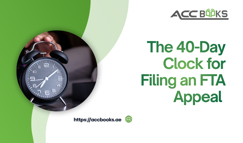 A high-contrast, urgent visual featuring a large glowing countdown timer set to 40 days, with each passing day visually ticking down. A stressed but determined business professional is urgently reviewing an official FTA rejection letter while simultaneously preparing a formal FTA Appeal document on a laptop. The background features a courthouse silhouette and the UAE flag, symbolizing the transition from administrative review to judicial recourse. A red warning banner at the top reads "40 Days — Strictly Enforced," emphasizing the non-negotiable deadline for filing an appeal with the Tax Dispute Resolution Committee or Federal Courts after an unsuccessful reconsideration.