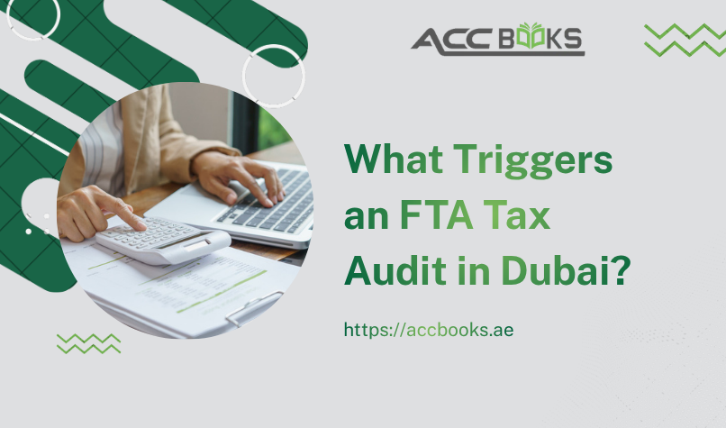 What Triggers an FTA Tax Audit in Dubai? A professional auditor's desk featuring a magnifying glass hovering over a stack of financial documents, invoices, and VAT returns, with a glowing red "AUDIT" stamp partially visible. A digital tablet displays the EmaraTax portal with a notification alert reading "FTA Review Initiated." Beside the documents, a checklist highlights common audit triggers including "Inconsistent VAT Returns," "Late Filings," "Mismatched Invoices," and "High-Risk Industries." A UAE flag and an official FTA badge are positioned in the background, reinforcing the regulatory authority. A business owner is shown looking concerned at the documents, symbolizing the anxiety that an FTA Tax Audit can generate for non-compliant businesses.