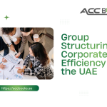 A professional illustration showing a central parent company logo connected by clean, glowing lines to multiple subsidiary entities arranged in a strategic organizational chart. The subsidiaries represent different business functions—trading, logistics, holding, and services—each with a small UAE flag icon. A magnifying glass highlights the intercompany relationships, while a green upward arrow and a shield with a tax-saving icon symbolize the benefits of optimized Group Structuring. A finance professional stands beside the chart, holding a calculator and a checklist titled "Tax Efficiency," reinforcing the strategic planning required for corporate tax optimization under UAE law.