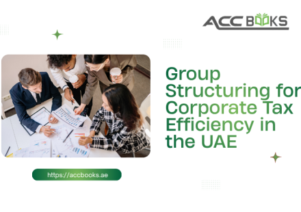 A professional illustration showing a central parent company logo connected by clean, glowing lines to multiple subsidiary entities arranged in a strategic organizational chart. The subsidiaries represent different business functions—trading, logistics, holding, and services—each with a small UAE flag icon. A magnifying glass highlights the intercompany relationships, while a green upward arrow and a shield with a tax-saving icon symbolize the benefits of optimized Group Structuring. A finance professional stands beside the chart, holding a calculator and a checklist titled "Tax Efficiency," reinforcing the strategic planning required for corporate tax optimization under UAE law.