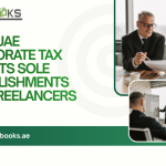 A warm, professional illustration featuring a freelancer working from a modern co-working space with a laptop, coffee cup, and notebook, while a sole establishment owner stands beside a small retail shop display. A transparent shield with a UAE flag pattern and a 9% tax badge hovers above them, symbolizing the new tax environment. A calculator and a checklist titled "Small Business Relief" are positioned on the desk, while a subtle arrow shows the transition from pre-tax to post-tax financial planning. The image conveys that Tax Affects every solo entrepreneur differently—and that relief options are available for qualifying businesses.