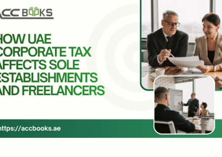 A warm, professional illustration featuring a freelancer working from a modern co-working space with a laptop, coffee cup, and notebook, while a sole establishment owner stands beside a small retail shop display. A transparent shield with a UAE flag pattern and a 9% tax badge hovers above them, symbolizing the new tax environment. A calculator and a checklist titled "Small Business Relief" are positioned on the desk, while a subtle arrow shows the transition from pre-tax to post-tax financial planning. The image conveys that Tax Affects every solo entrepreneur differently—and that relief options are available for qualifying businesses.