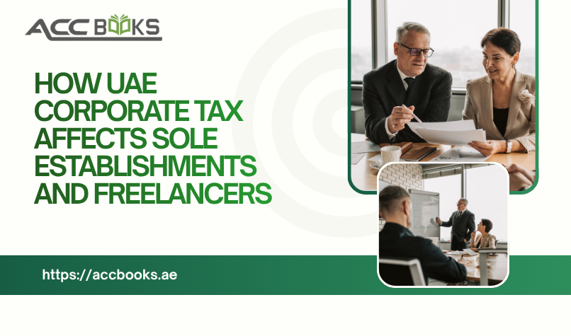 A warm, professional illustration featuring a freelancer working from a modern co-working space with a laptop, coffee cup, and notebook, while a sole establishment owner stands beside a small retail shop display. A transparent shield with a UAE flag pattern and a 9% tax badge hovers above them, symbolizing the new tax environment. A calculator and a checklist titled "Small Business Relief" are positioned on the desk, while a subtle arrow shows the transition from pre-tax to post-tax financial planning. The image conveys that Tax Affects every solo entrepreneur differently—and that relief options are available for qualifying businesses.
