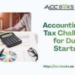 Infographic highlighting accounting and tax challenges for Dubai startups, including VAT compliance, corporate tax, free zone regulations, and financial reporting.