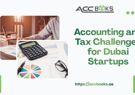 Infographic highlighting accounting and tax challenges for Dubai startups, including VAT compliance, corporate tax, free zone regulations, and financial reporting.