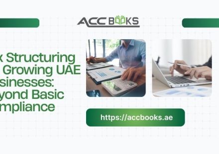 Infographic illustrating tax structuring for growing UAE businesses, featuring corporate tax planning, VAT optimization, free zone benefits, and compliance strategies.