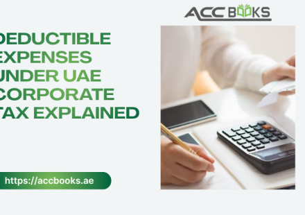 Finance manager reviewing deductible business expenses on a laptop with UAE Corporate Tax forms and receipt documents spread on the desk