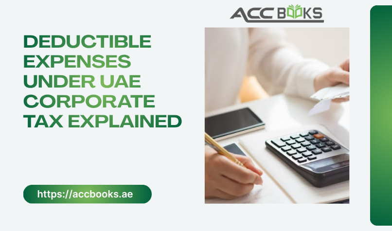 Finance manager reviewing deductible business expenses on a laptop with UAE Corporate Tax forms and receipt documents spread on the desk