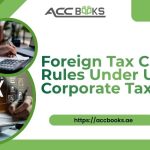 Infographic explaining foreign tax credit rules under UAE corporate tax, showing how businesses can claim relief for taxes paid overseas to avoid double taxation.