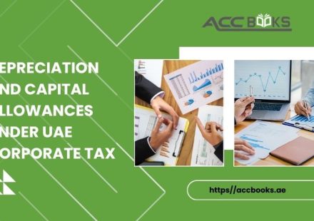 Infographic explaining depreciation and capital allowances under UAE Corporate Tax, showing asset categories, deduction rates, and tax-saving calculations.