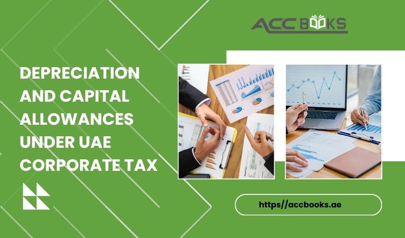 Infographic explaining depreciation and capital allowances under UAE Corporate Tax, showing asset categories, deduction rates, and tax-saving calculations.