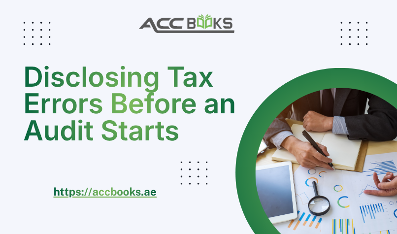 Illustration showing the voluntary disclosure process for tax errors, featuring steps like identifying mistakes, consulting a tax professional, filing amended returns, and communicating with tax authorities before an audit begins.