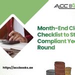Complete month-end closing checklist showing key accounting tasks like reconciliations, expense reviews, accruals, and tax provision calculations for year-round compliance.