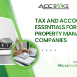 Infographic covering tax and accounting essentials for property management companies, including rental income tracking, expense deductions, VAT compliance, and financial reporting.