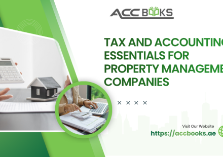 Infographic covering tax and accounting essentials for property management companies, including rental income tracking, expense deductions, VAT compliance, and financial reporting.