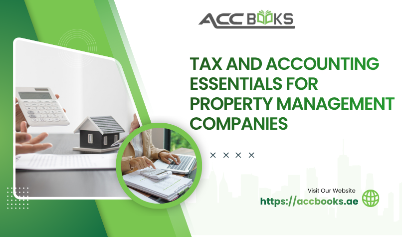 Infographic covering tax and accounting essentials for property management companies, including rental income tracking, expense deductions, VAT compliance, and financial reporting.