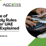 A detailed illustration showing a world map with two distinct highlighted regions—the UAE marked in gold and an international zone marked in blue. Arrows and dotted lines connect a business seller on one side to a customer on the other, with a magnifying glass zooming in on the transaction pathway. A digital tablet displays a decision-tree flowchart with questions like "Is the customer a business (B2B) or consumer (B2C)?" and "Is the supply of goods or services?", guiding the viewer through the Place of Supply Rules.
